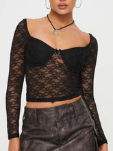 Lace Sweetheart Neck Long Sleeve T-Shirt Black OutfitFlow